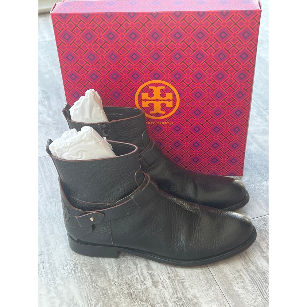 Tory Burch Womens Pebbled Leather Harness Ankle Boots Brown Moto Bootie 10M